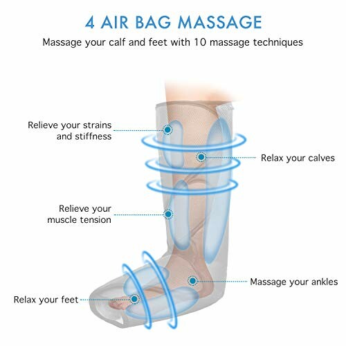 Diagram of an air bag massage device for calves and feet with labeled benefits.