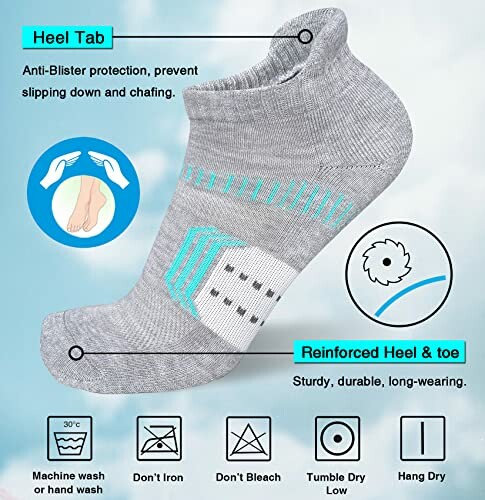 Grey sock with heel tab, anti-blister design, and care instructions.