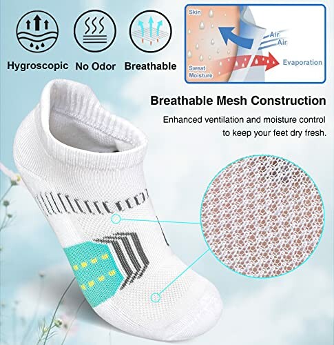 White breathable mesh socks with moisture control features.