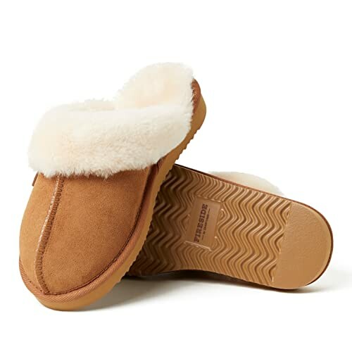 Brown fur-lined slippers with rubber soles.