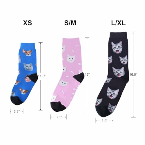 Three pairs of socks with cat and dog patterns in different sizes.