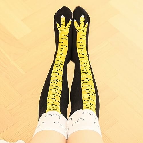 Person wearing socks with chicken leg design