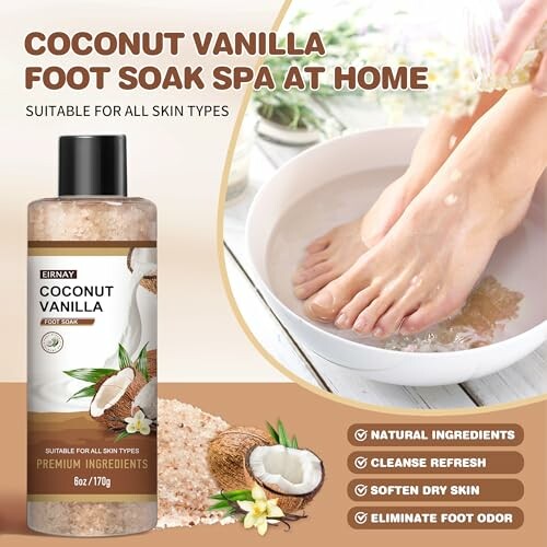 Coconut vanilla foot soak spa for home use, suitable for all skin types.