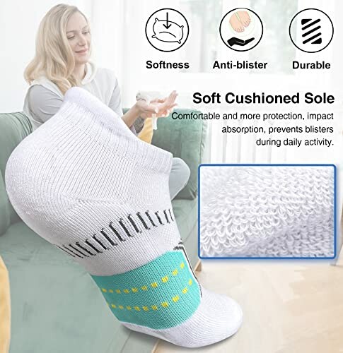 Woman wearing cushioned socks with features like softness, anti-blister, and durability highlighted.