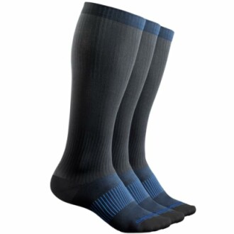 Three pairs of gray compression socks with blue accents.