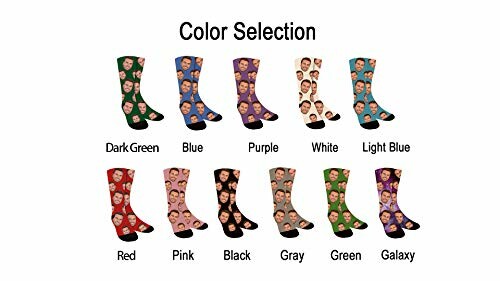 Various color options for custom face socks, including dark green, blue, purple, white, light blue, red, pink, black, gray, green, and galaxy.