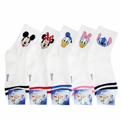 Five pairs of white socks featuring Disney characters.