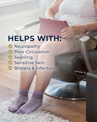 Elderly person seated, wearing socks, with text about health benefits.