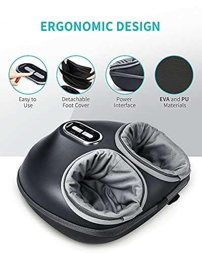 Ergonomic foot massager with detachable foot cover and power interface.