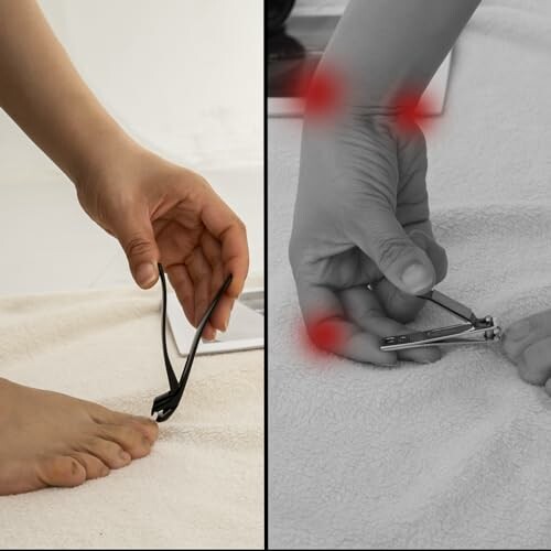 Comparison of foot care, using a tool on a towel.