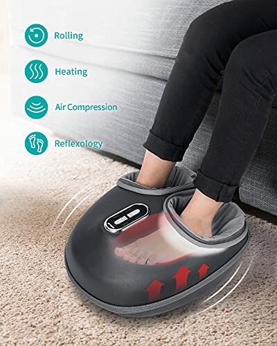 Person using foot massager with rolling, heating, air compression, and reflexology features.