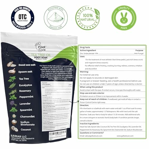 Foot soak package with tea tree oil and natural ingredients.
