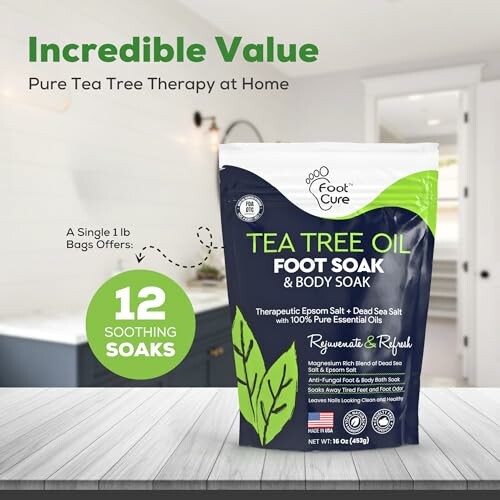 Foot Cure Tea Tree Oil Foot Soak package on a kitchen counter.