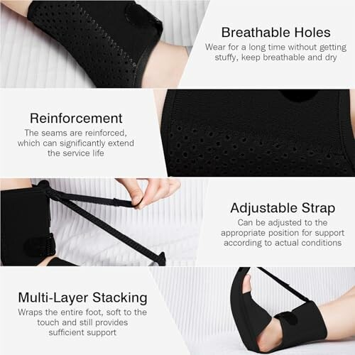 Foot brace with breathable holes, reinforcement, adjustable strap, and multi-layer stacking.