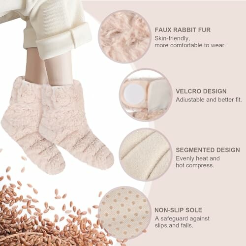 Fuzzy socks with faux rabbit fur, velcro design, segmented design, and non-slip sole.