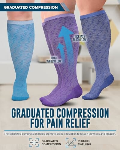 Blue and purple graduated compression socks for pain relief.