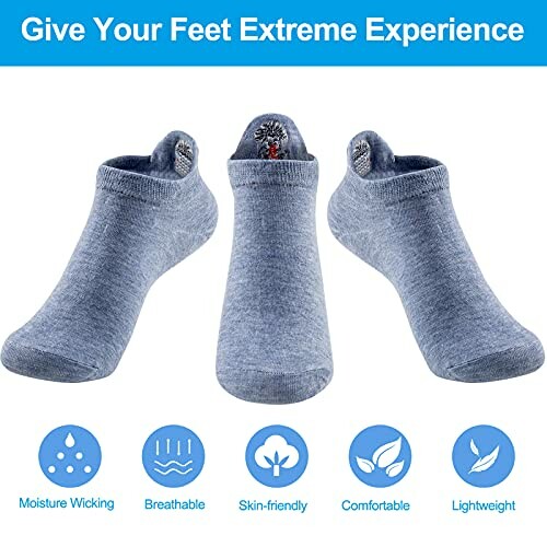 Three grey ankle socks with features: moisture wicking, breathable, skin-friendly, comfortable, lightweight.