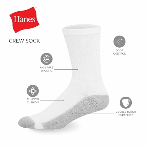 Hanes crew sock with features like moisture wicking, odor control, all-over cushion, and double tough durability