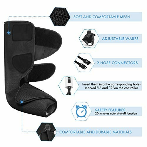 Leg massager with adjustable wraps and hose connectors, highlighting comfort and safety features.