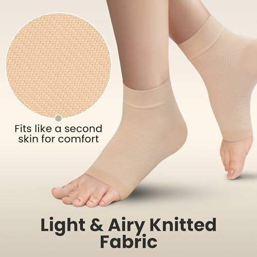 Feet wearing light and airy knitted fabric socks for comfort.