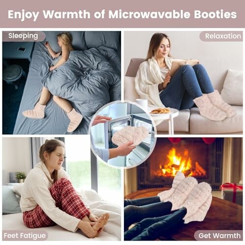 Collage showing uses of microwavable booties for sleeping, relaxation, relieving feet fatigue, and getting warmth.