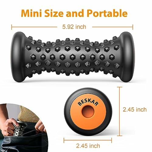 Mini size and portable massage roller with dimensions 5.92 x 2.45 inches.