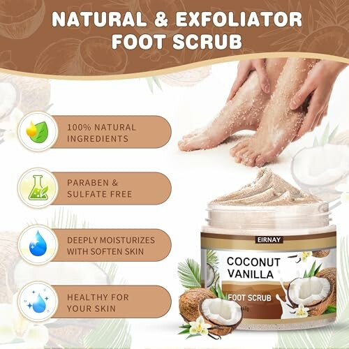 Coconut vanilla foot scrub with natural ingredients.
