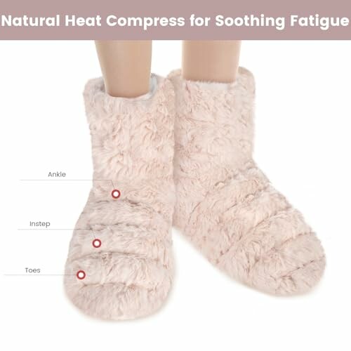 Fluffy boot slippers labeled for natural heat compress on ankle, instep, and toes.
