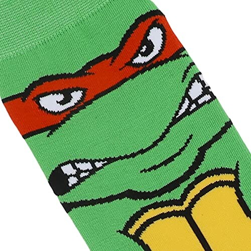 Cartoon ninja turtle face on green sock