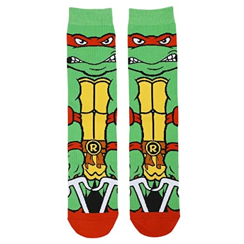 Green and red Ninja Turtle themed socks with character design