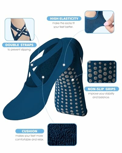 Blue non-slip yoga socks with double straps and cushion.