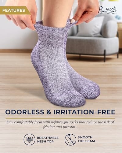 Person wearing odorless and irritation-free socks with breathable mesh top and smooth toe seam.