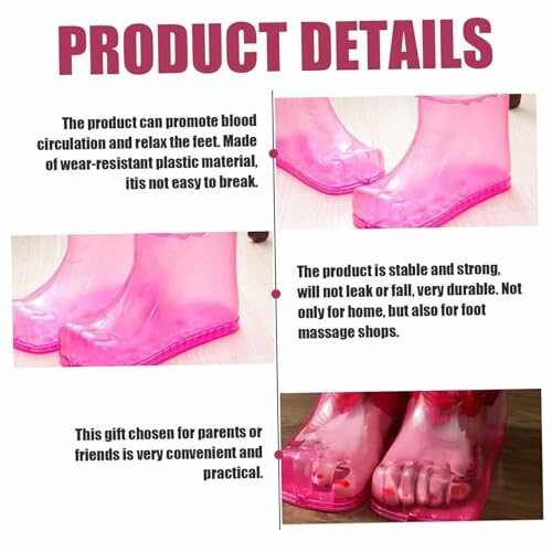 Pink plastic foot massage sandals with product details.