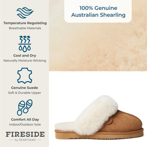 Brown shearling slippers with white fur lining and comfort features.