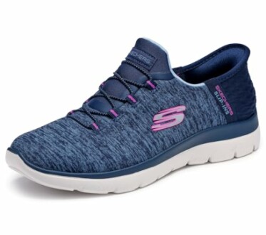 Navy and pink Skechers sneaker with white sole.