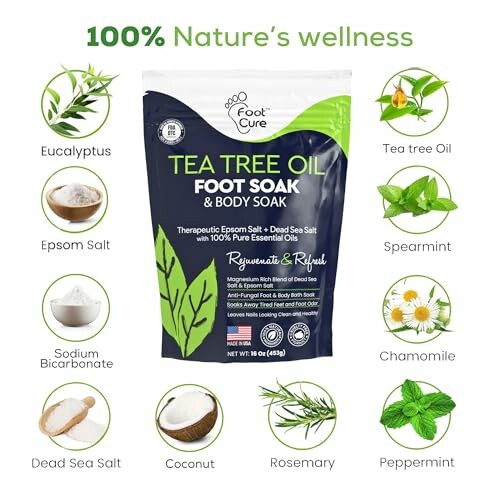 Tea tree oil foot soak with natural ingredients like eucalyptus, spearmint, chamomile, and rosemary.