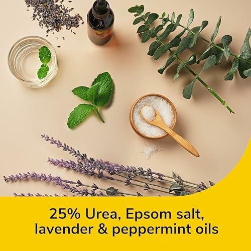 Natural ingredients including Urea, Epsom salt, lavender, and peppermint oils.