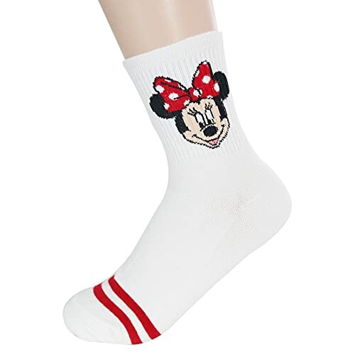 White sock with Disney character design and red stripes.