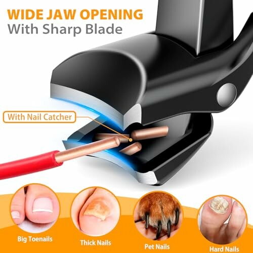 Wide jaw nail clipper with sharp blade for big toenails, thick nails, pet nails, and hard nails.