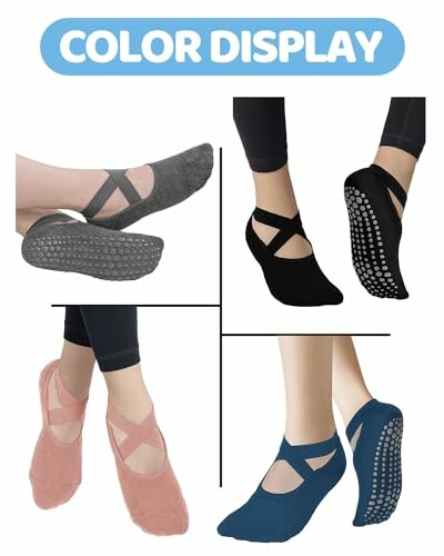 Four pairs of grip socks in different colors for yoga and pilates.